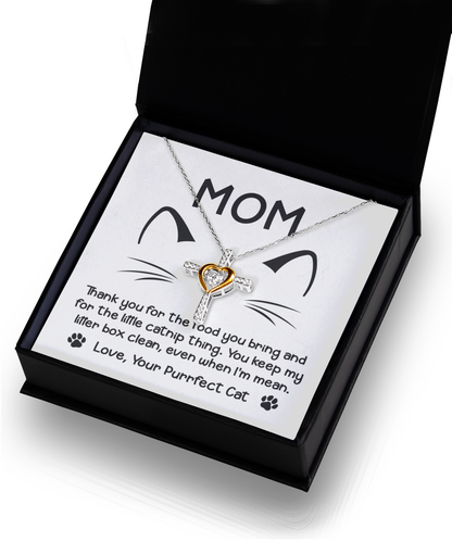 Cat mom gift on mother´s day, or just because present of cross dancing pendant necklace. Printed and shipped in the USA.