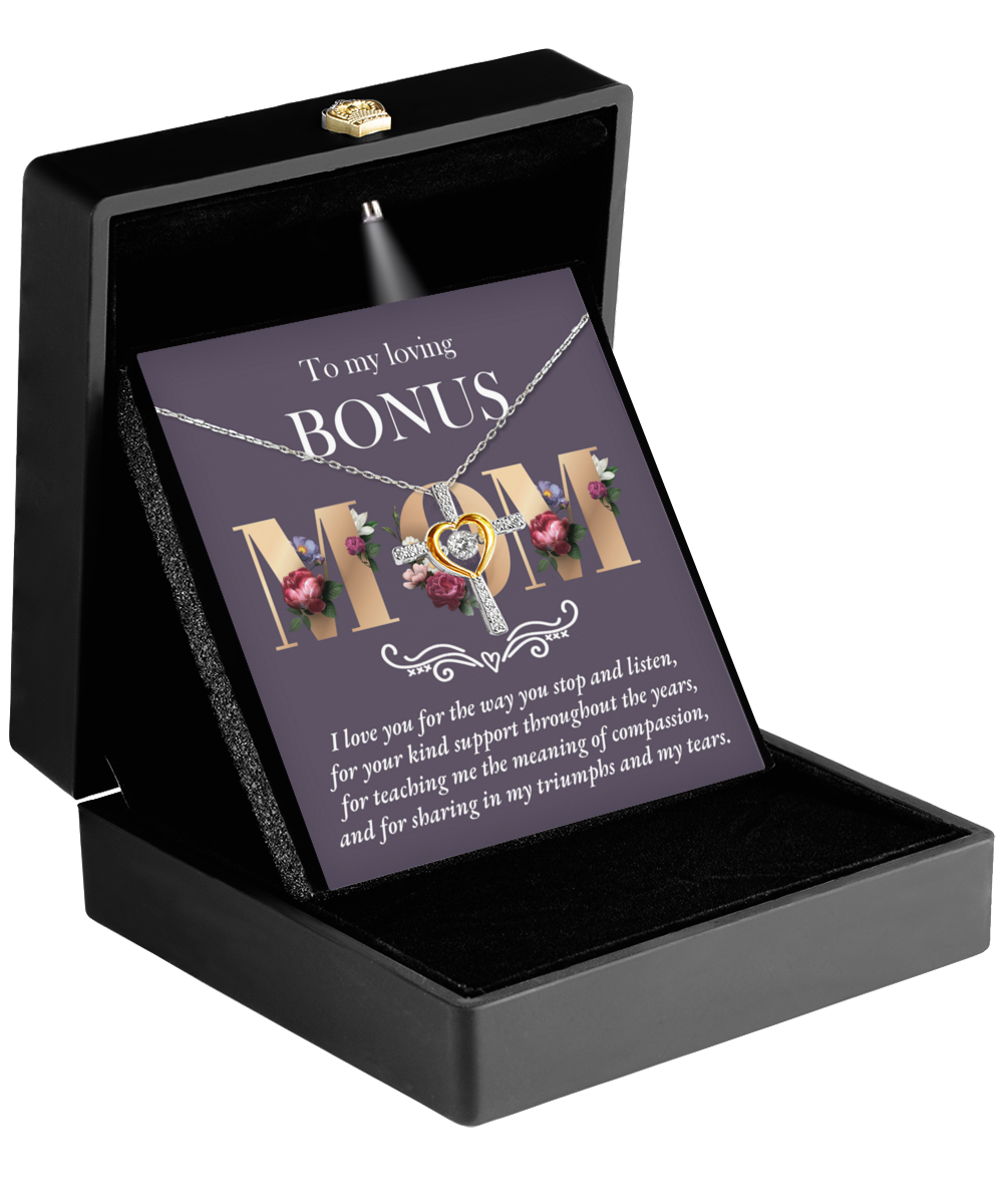 To my loving bonus mom- a cross dancing pendant necklace for her on her anniversaries.