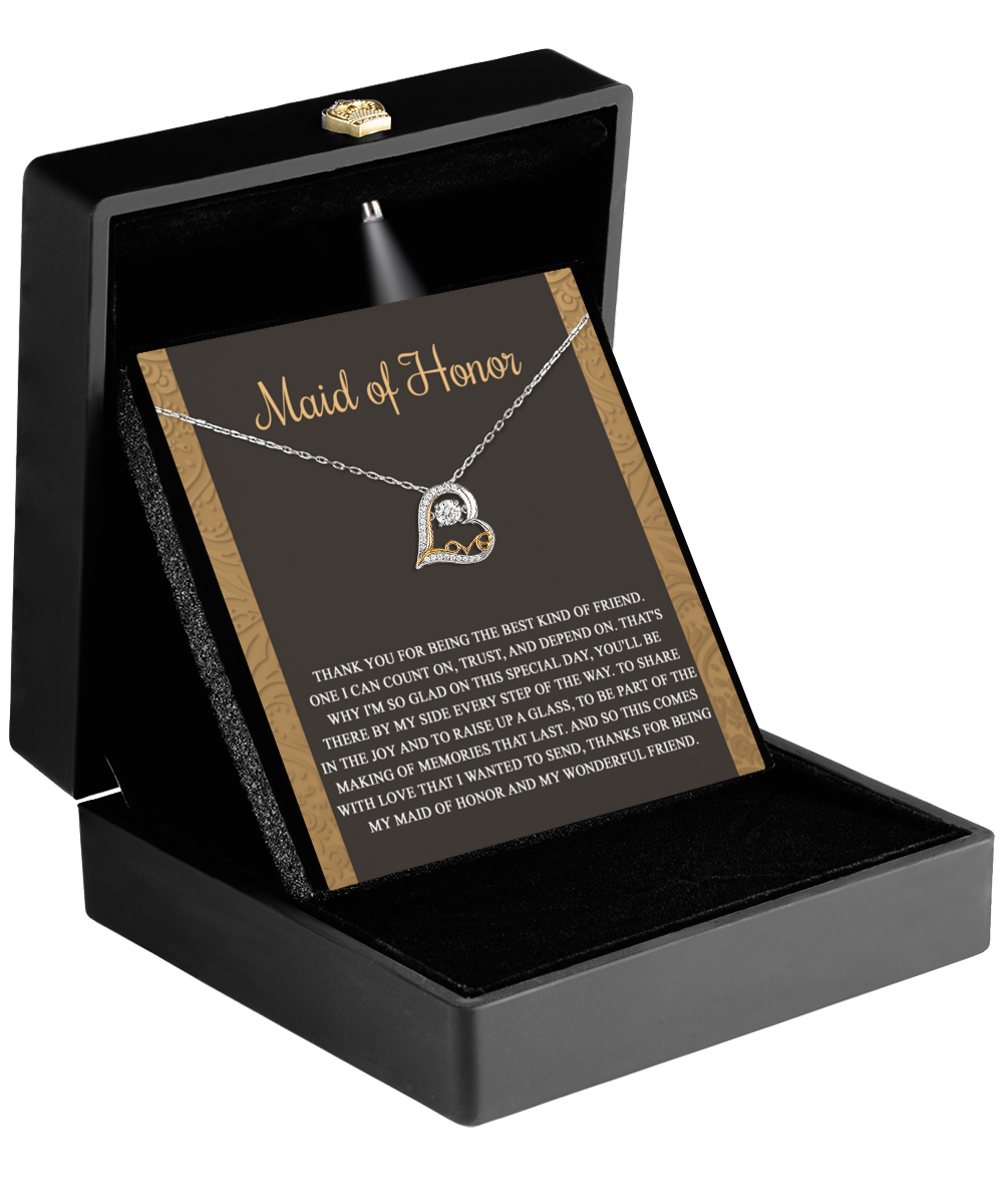 Maid of honor message card greeting with love dancing necklace gift from bride.