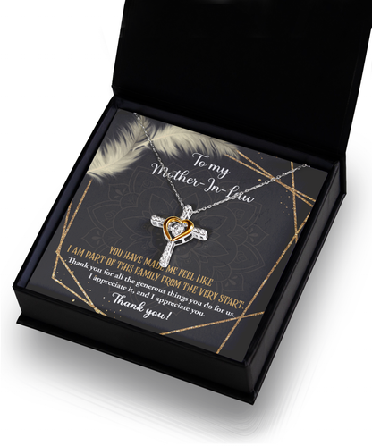 To my mother- in- law, jewelry gift card of cross dancing necklace for husband´s mother, wife´s mom on anniversary celebrations. Printed in the USA