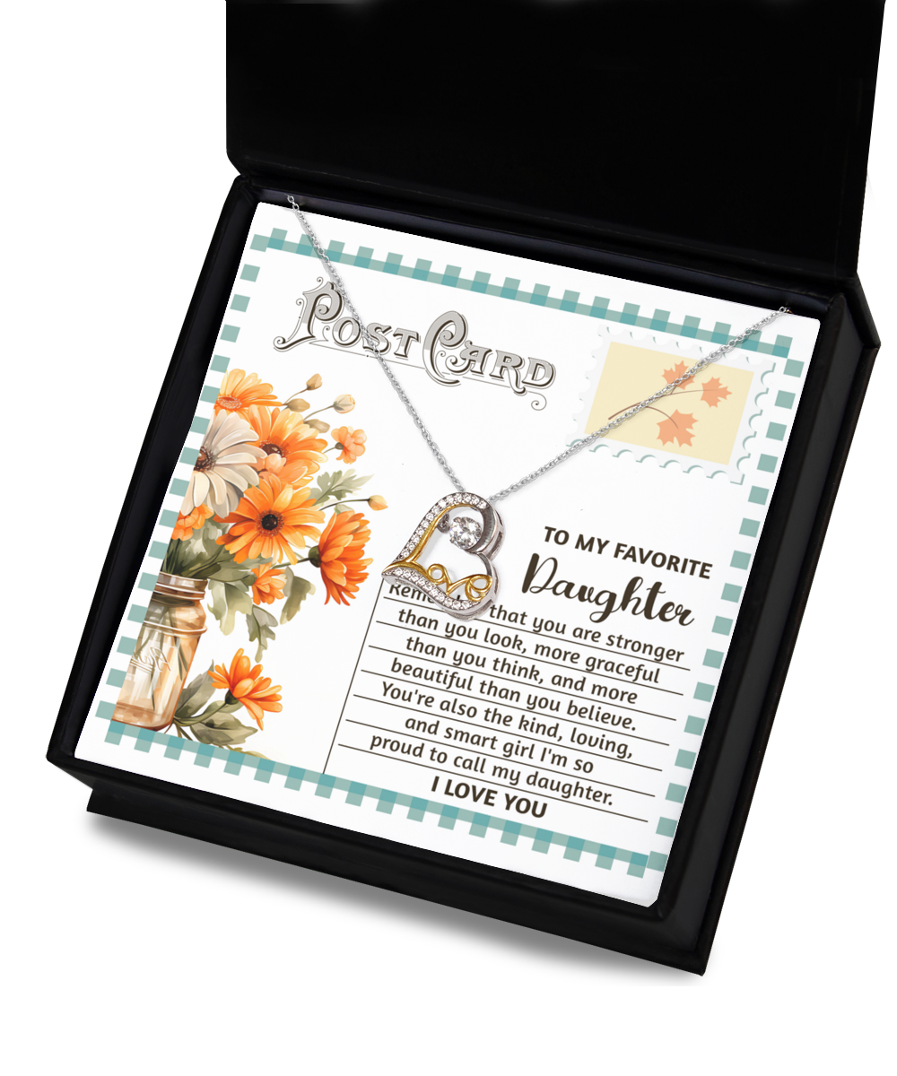 To my favorite daughter, message card greeting to her, includes love dancing pendant. Printed and shipped from the US