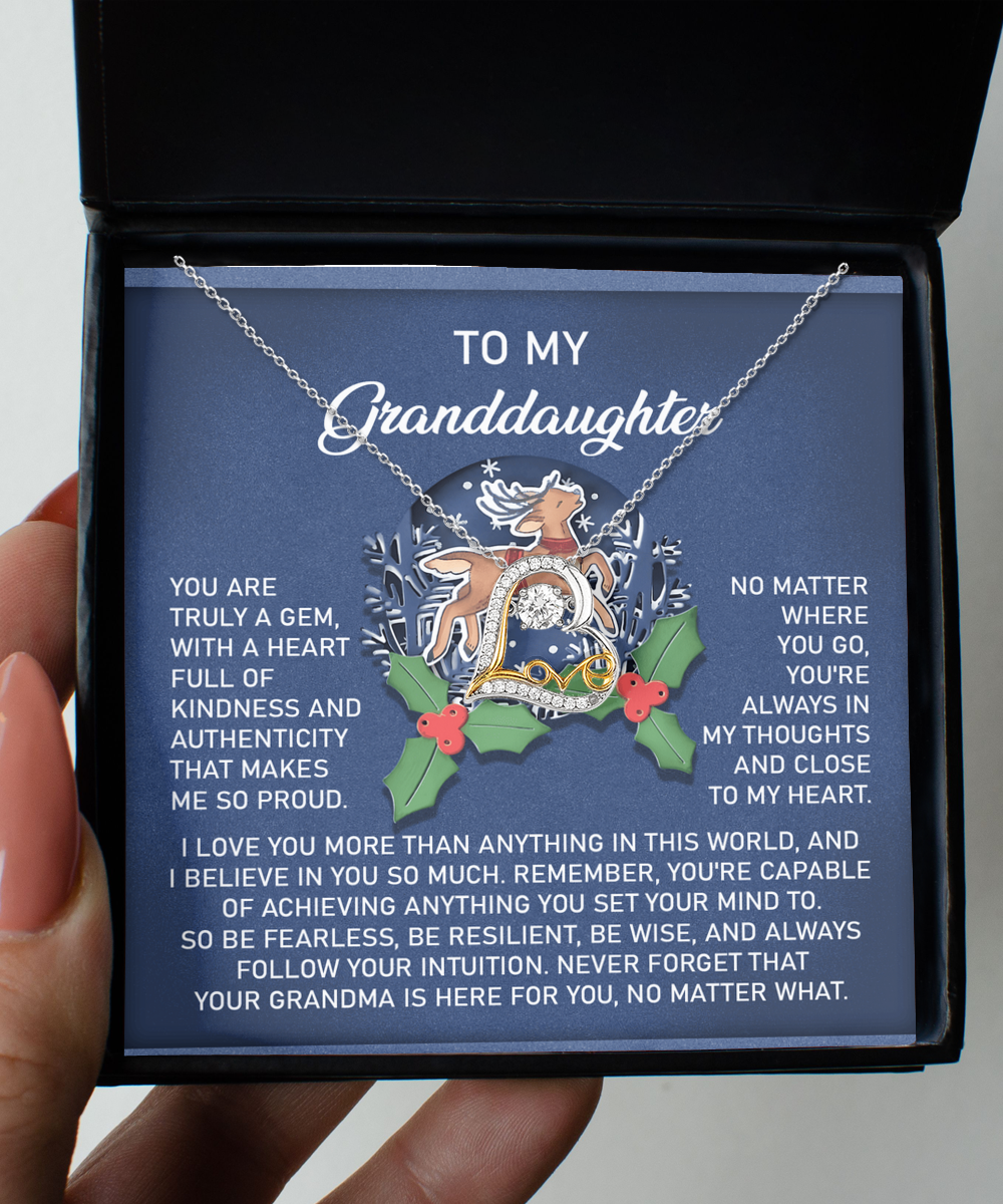 Granddaughter seasons greeting card, comes with custom message and love dancing necklace. Made in USA