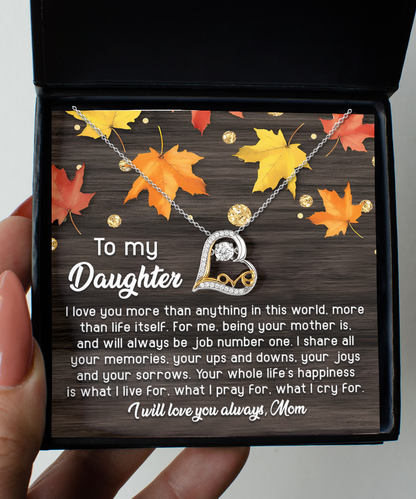 Love note on message card from mom to daughter, includes love dancing pendant necklace, USA made