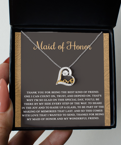 Maid of honor message card greeting with love dancing necklace gift from bride.