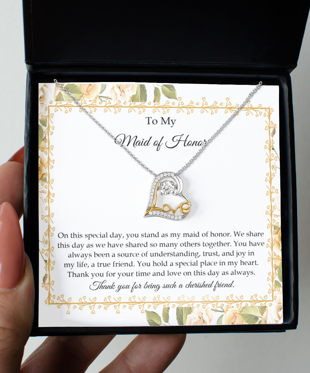 To my maid of honorlove dancing necklace with message card from bride to bridesmaid.