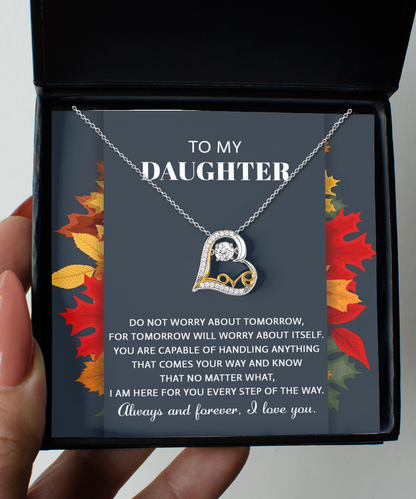 Message card from parent to daughter, together with lovely love dancing necklace. Gift idea for her birthday and other anniversaries.