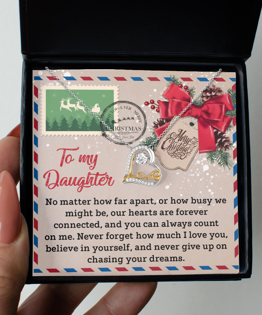 Lovely postcard inspired gift with love dancing necklace for daughter, from mom, dad. Thanksgiving and Christmas gift.