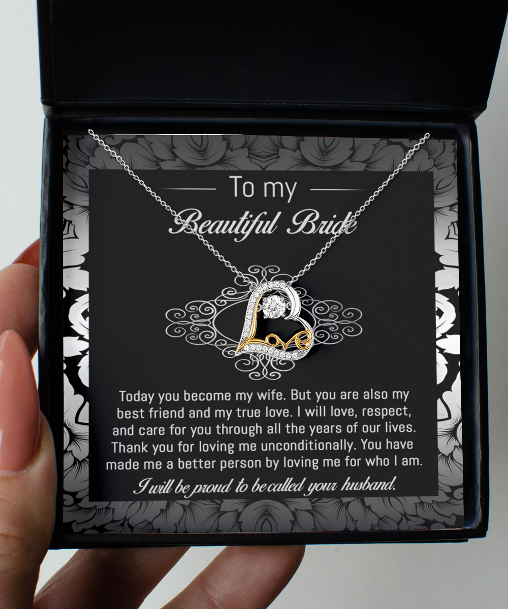 To my beautiful bride, message card with love dancing necklace from proud husband.