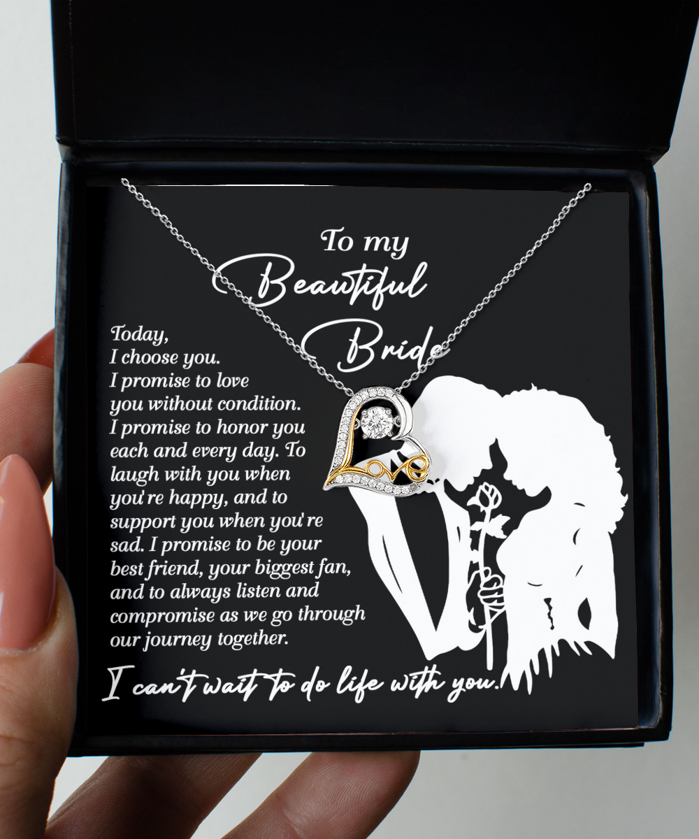 To my beautiful bride from groom to bride on wedding day, message card with love dancing sterling silver necklace.