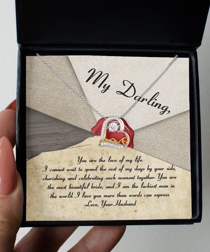 To my bride-to-be, heartfelt message on greeting card together with beautiful love dancing sterling silver necklace.