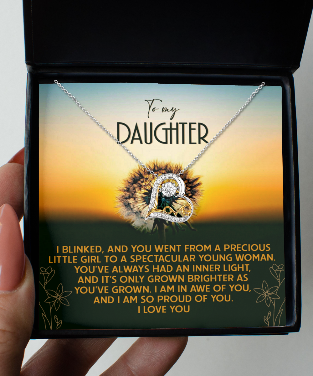 Beautiful message card gift with love dancing necklace for your loved daughter. Printed and shipped from USA