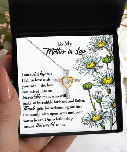 Mother-in-law cross dancing necklace jewelry card. Gift for mother-in-law on birthday, mother´s day, anniversary celebration. Printed and shipped from the USA.