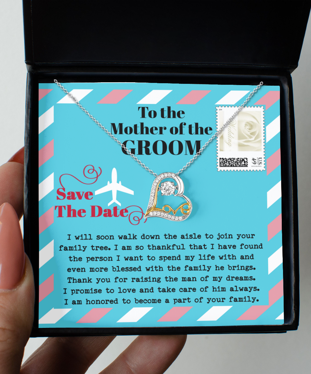 To the mother of the groom, save the date message card with sterling silver love dancing necklace