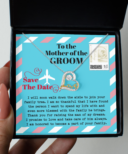 To the mother of the groom, save the date message card with sterling silver love dancing necklace