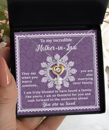 Mother-in-law mother´s day gift from duaghter-in-law, son-in-law. Cross dancing necklace on message card. Printed and shipped from USA.