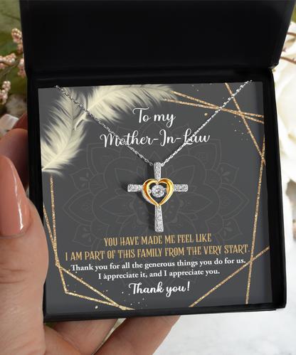 To my mother- in- law, jewelry gift card of cross dancing necklace for husband´s mother, wife´s mom on anniversary celebrations. Printed in the USA